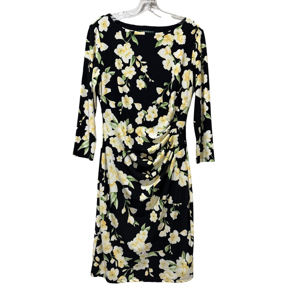 Lauren Ralph Lauren Black Yellow Floral Ruched Sheath Dress Size 8 3/4 Sleeve